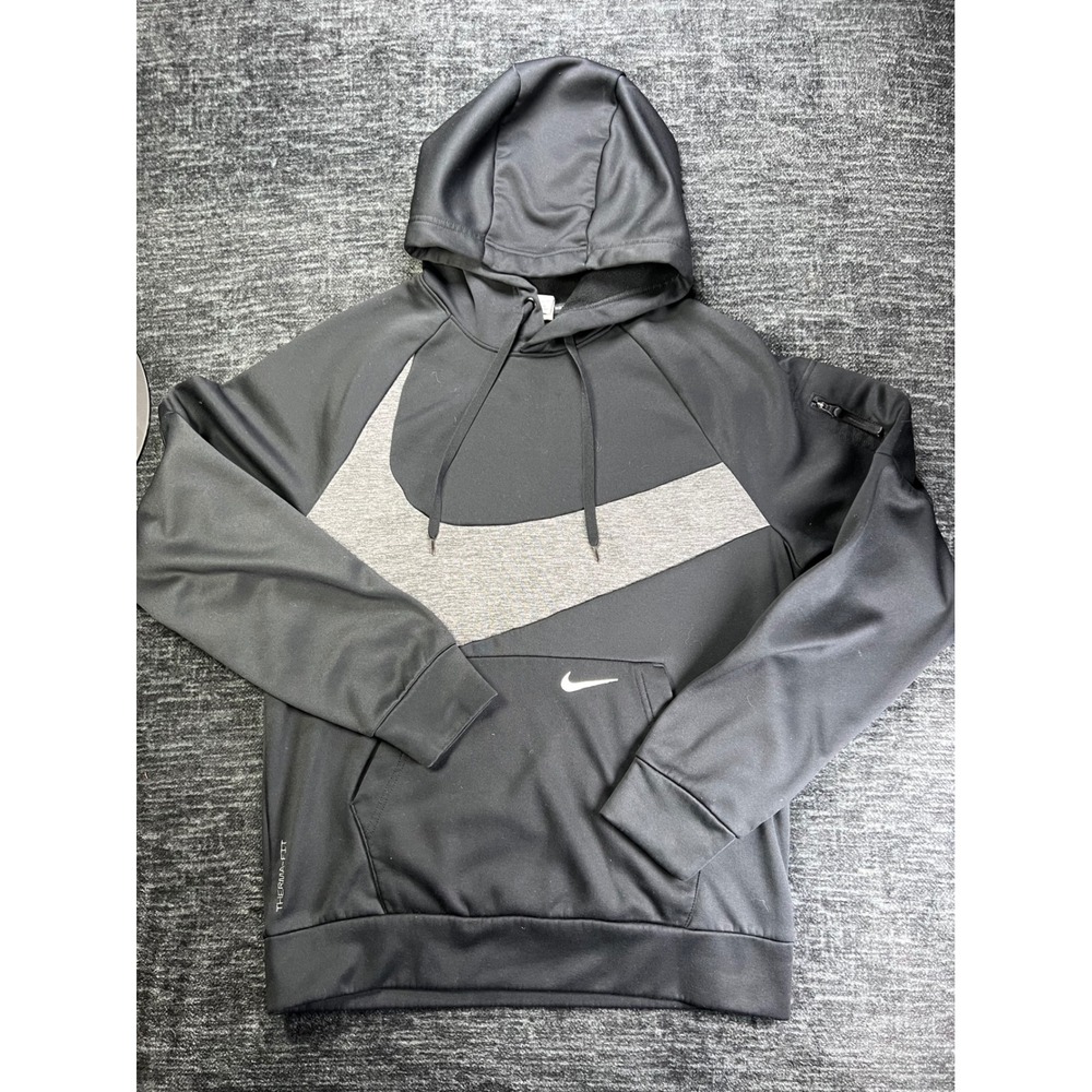 Nike Therma-FIT Hoodie Mens Small Black Oversized Swoosh Pullover Sweatshirt